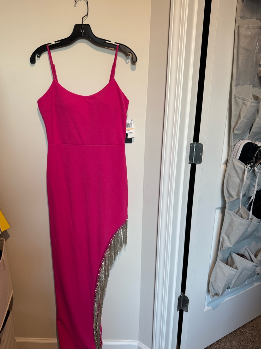 City Studio Fuchsia Asymmetric Fringe Gown
